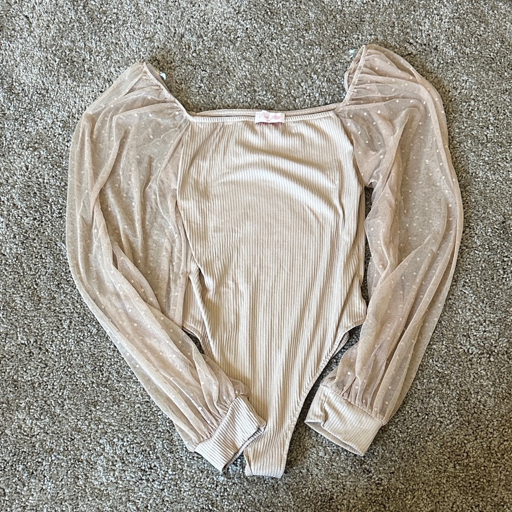 Pink Lily Beige Sheer Sleeve Bodysuit